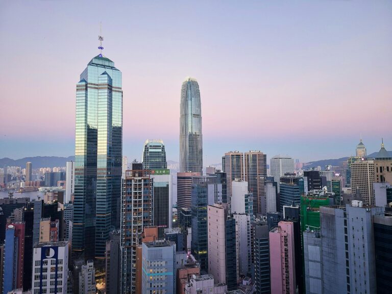 A stunning view of Hong Kong's skyscrapers and urban skyline at twilight.
